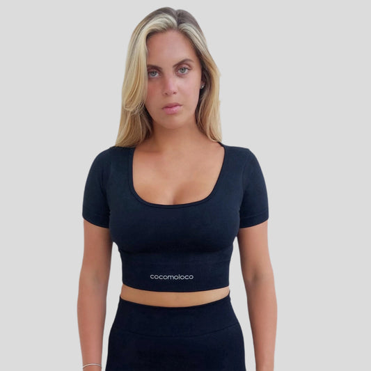 ZIRCON Black Shoulder Crop Top