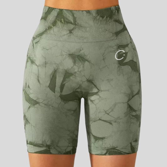 Khaki Tie Dye Scrunch Stitch Shorts